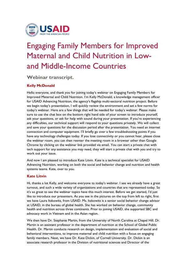 Engaging Family Members for Maternal and Child Nutrition: Webinar Transcript