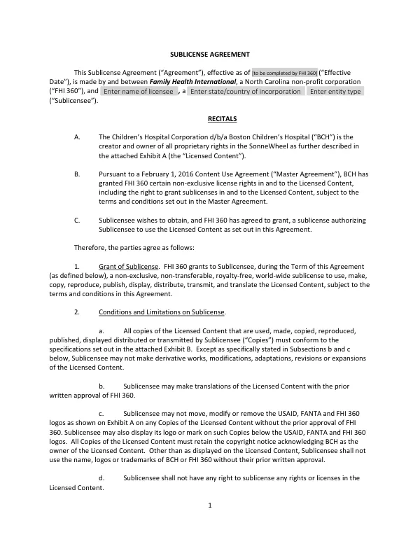 FANTA BMI Wheel Sublicense Agreement and Exhibits
