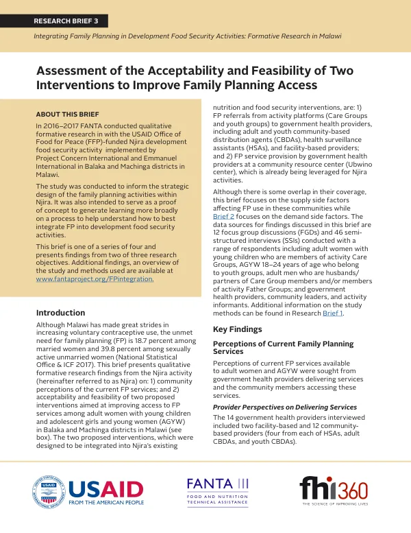 Family Planning Interventions in Malawi: Acceptability and Feasibility Assessment