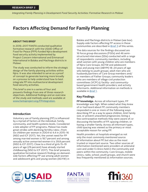 Factors Affecting Demand for Family Planning: Formative Research in Malawi
