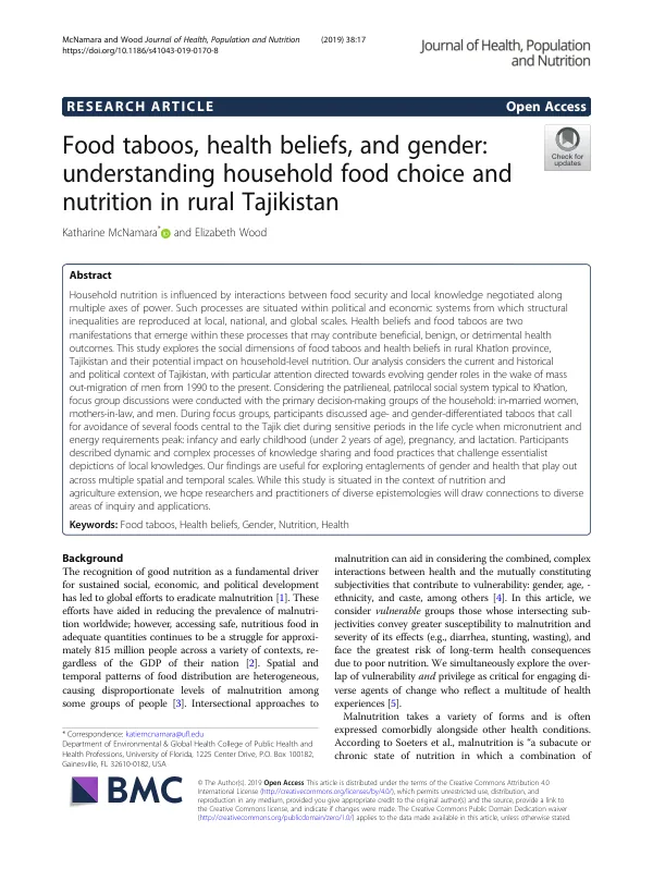Food Taboos, Health Beliefs, and Gender in Rural Tajikistan: Understanding Household Food Choice and Nutrition