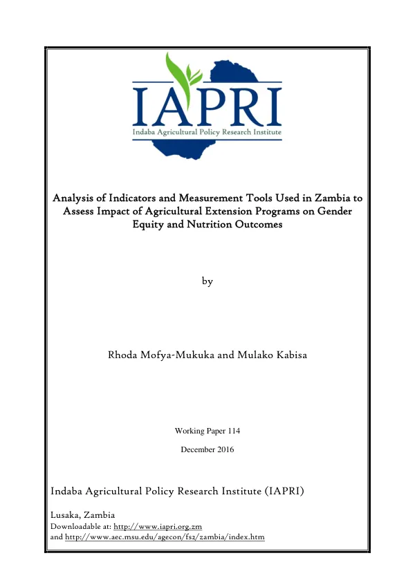 Analysis of Indicators and Measurement Tools for Agricultural Extension Programs in Zambia: Impact on Gender Equity and Nutrition Outcomes