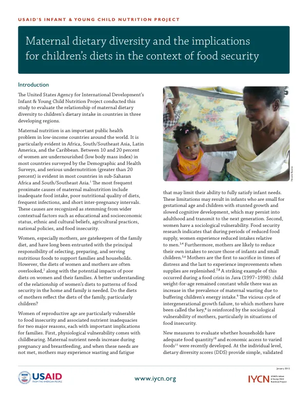 Maternal Dietary Diversity and Child Nutrition Brief