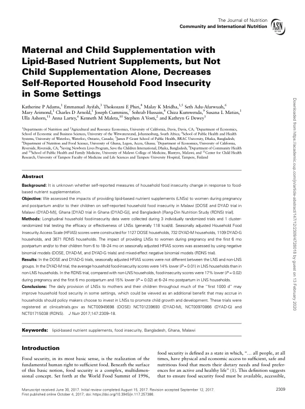 The Journal of Nutrition: Maternal and Child Supplementation and Household Food Insecurity