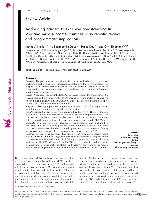 MCSP Nutrition: Barriers to Exclusive Breastfeeding Systematic Review