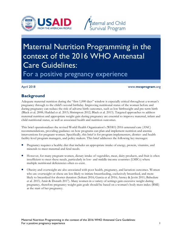 Maternal Nutrition Programming & WHO Antenatal Care Guidelines