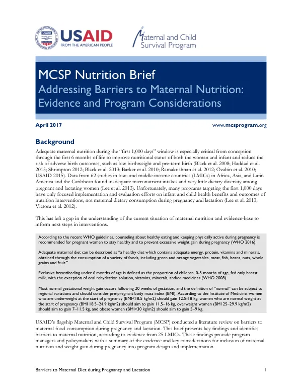 MCSP Nutrition Brief: Addressing Barriers to Maternal Nutrition
