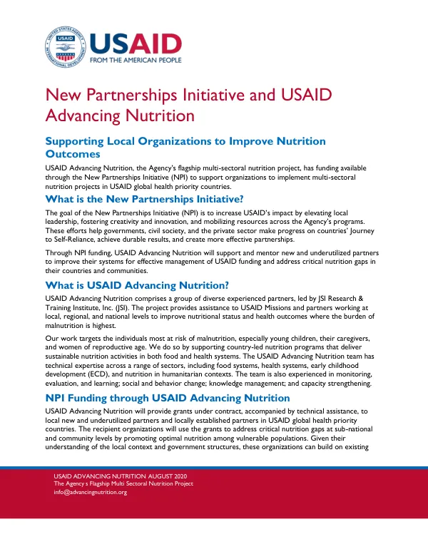 New Partnerships Initiative and USAID Advancing Nutrition (August 2020)