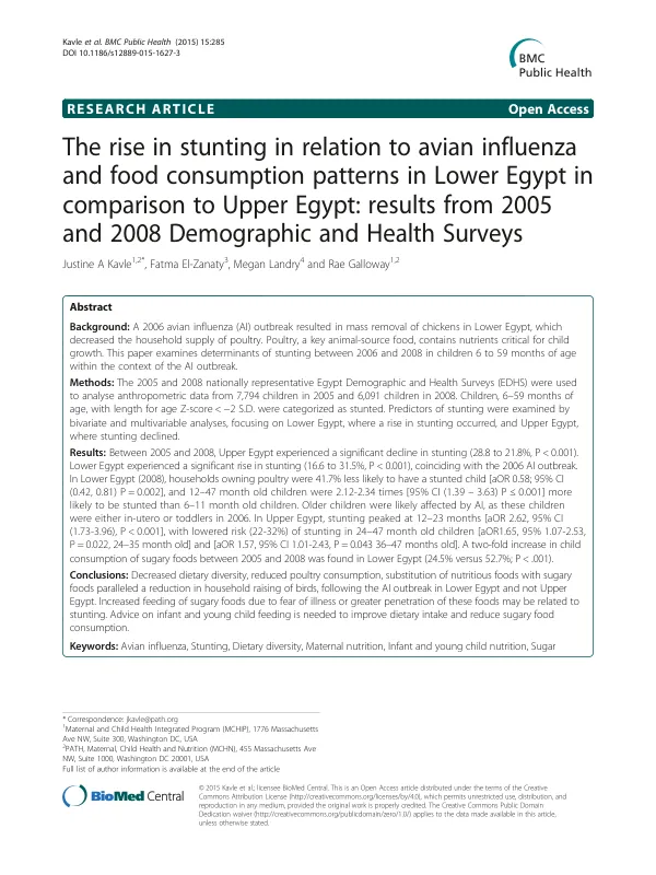 Avian Influenza, Food Patterns, and Stunting in Egypt (2005-2008)