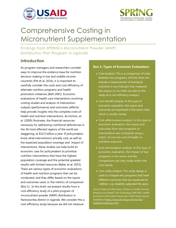 Comprehensive Costing in Micronutrient Supplementation: MNP Distribution Brief