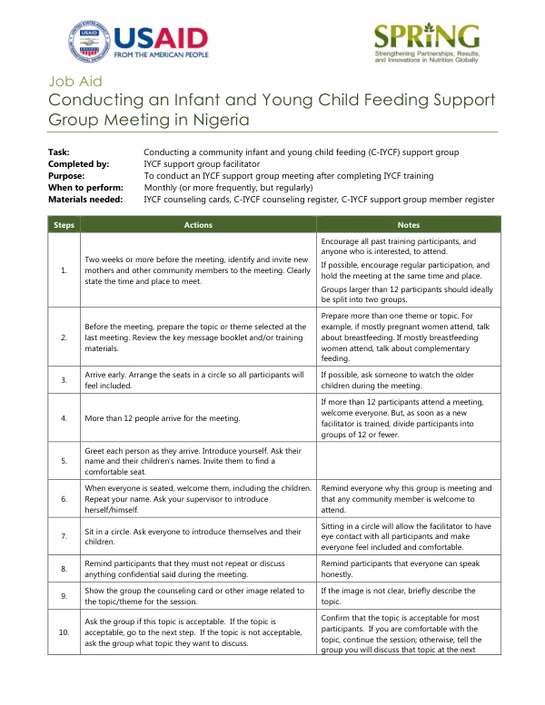 Job Aid: Conducting an Infant and Young Child Feeding Support Group Meeting in Nigeria