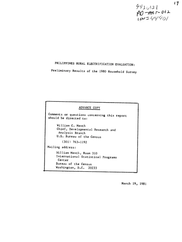 Philippines rural electrification evaluation : preliminary results of the 1980 household survey