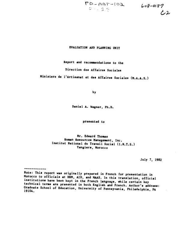 Evaluation and planning unit : report and recommendations to the Direction des Affaires Sociales, Ministere de l'Artisanat et des Affaires Sociales (M.A.A.S.)