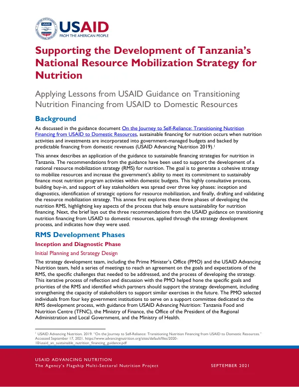 Tanzania's National Resource Mobilization Strategy for Nutrition: USAID Guidance on Transitioning Financing to Domestic Resources