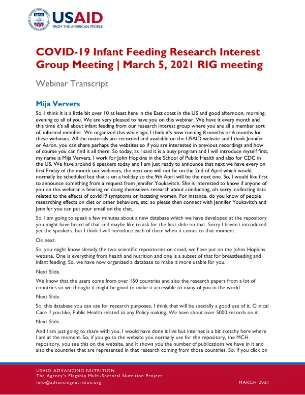 COVID-19 Infant Feeding Research Interest Group Meeting (March 5, 2021)