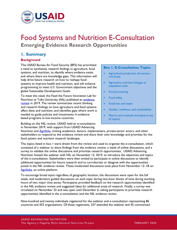 Food Systems and Nutrition E-Consultation Report: Emerging Evidence and Research Opportunities (February 2020)