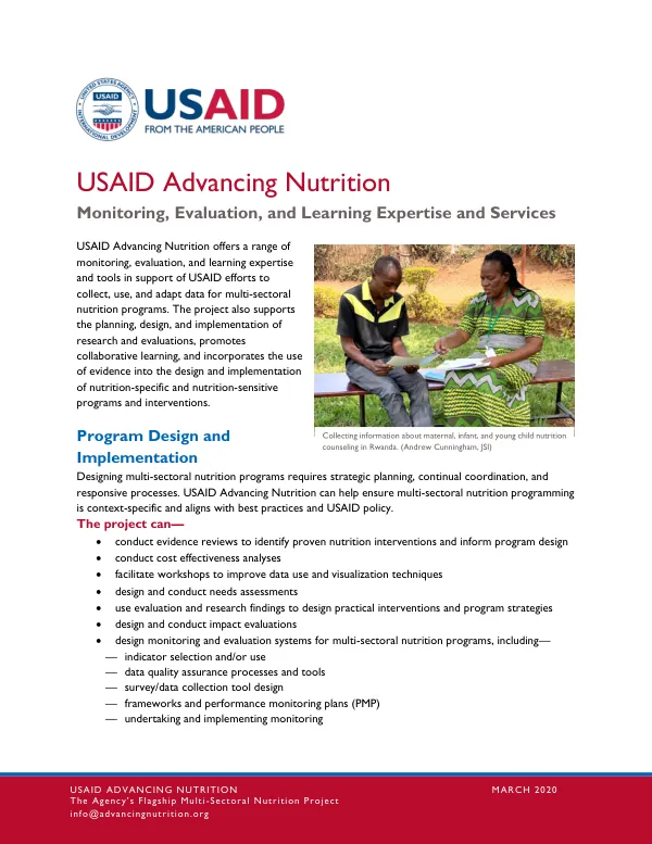 USAID Advancing Nutrition: Monitoring, Evaluation, and Learning Expertise and Services (March 2020)
