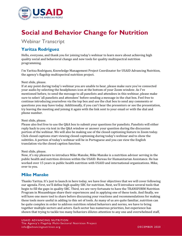 USAID Advancing Nutrition Webinar Transcript: Social and Behavior Change for Nutrition (English & Portuguese)