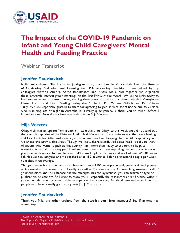 Caregiver Mental Health & Infant Feeding During COVID-19 Webinar Transcript