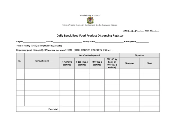 Tanzania Daily SFP Dispensing Register 2016