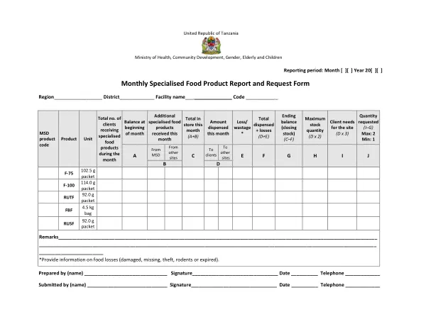 Tanzania Monthly Specialised Food Report and Request Form