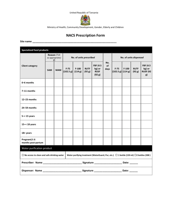 Tanzania NACS Prescription Form 2016