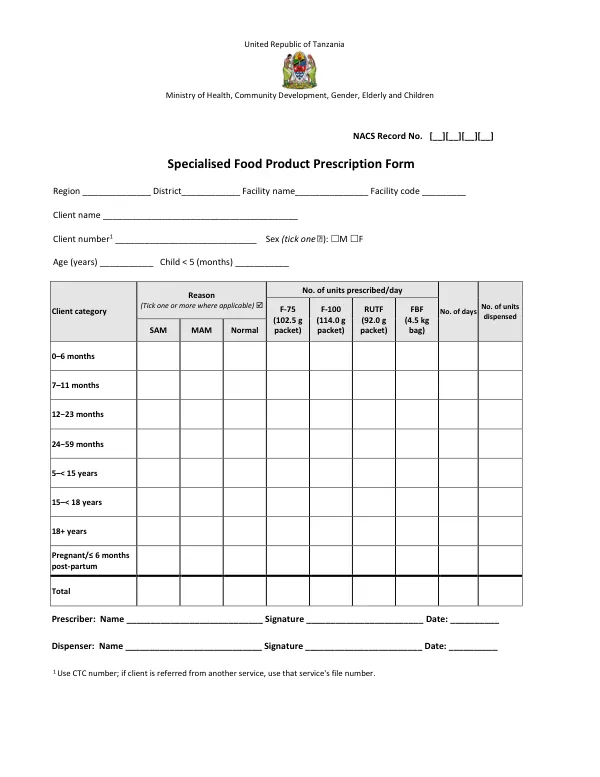 Tanzania Specialised Food Product Prescription Form 2016