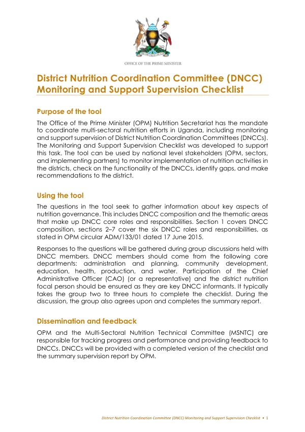 Uganda District Nutrition Coordination Committee (DNCC) Monitoring and Support Supervision Checklist