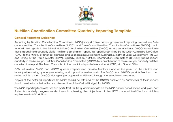 Uganda Nutrition Coordination Committee Quarterly Reporting Template