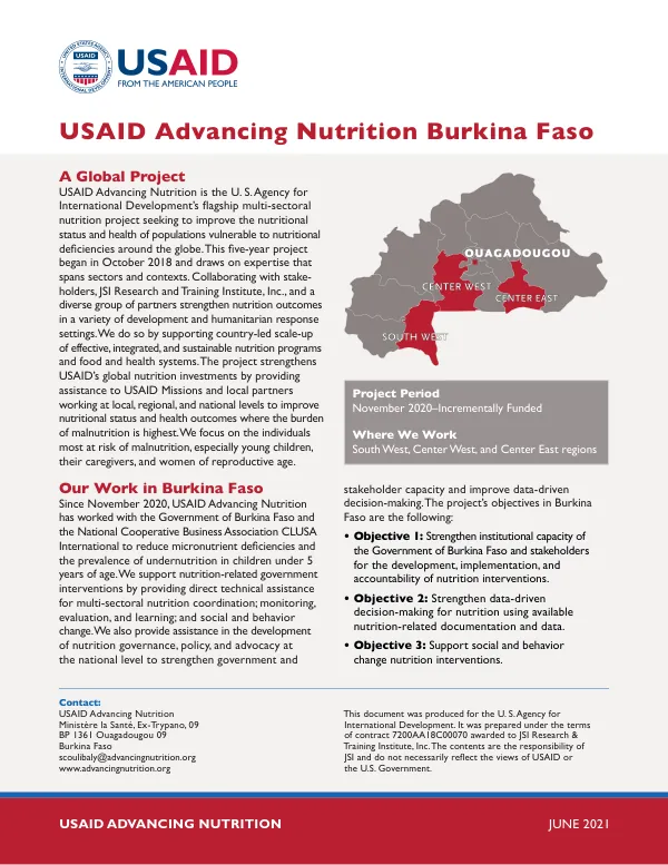 USAID Advancing Nutrition Burkina Faso Fact Sheet, June 2021