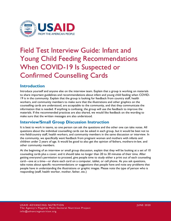 USAID Advancing Nutrition COVID-19 IYCF Field Test Instructions