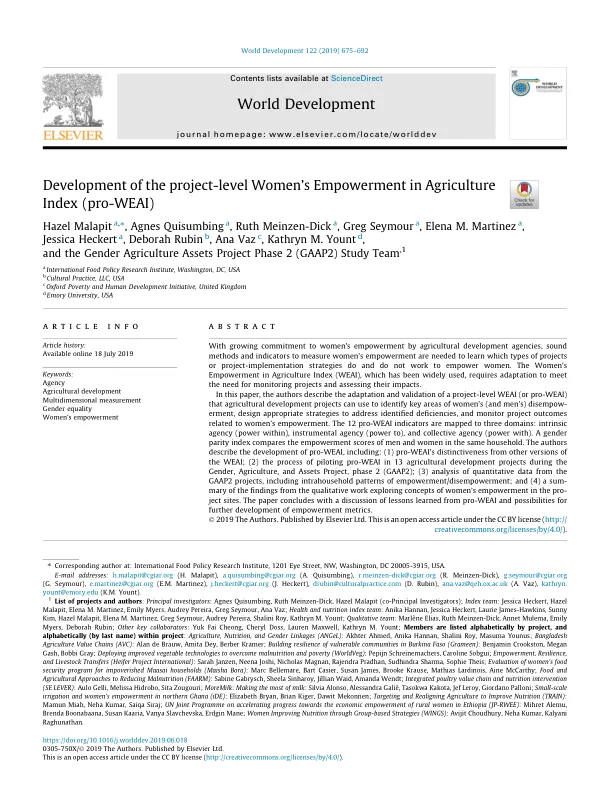 Women's Empowerment in Agriculture: Evidence from a Large-Scale Multisectoral Nutrition Program (pro-WEAI)