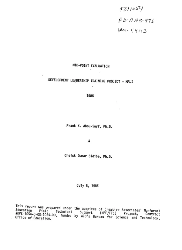 Mid-point evaluation : development leadership training project - Mali 1985