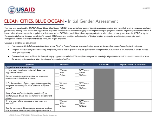 USAID CLEAN CITIES, BLUE OCEAN: Initial Gender Assessment Template