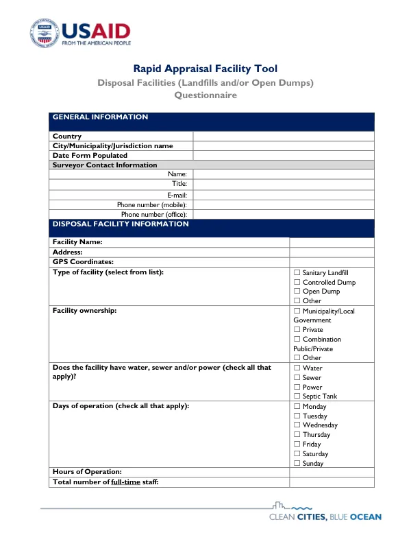 USAID CCBO RAFT Disposal Site Questionnaire