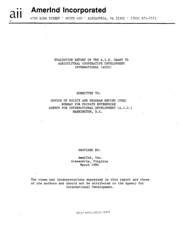 Evaluation report of the AID grant to Agricultural Cooperative Development International (ACDI)