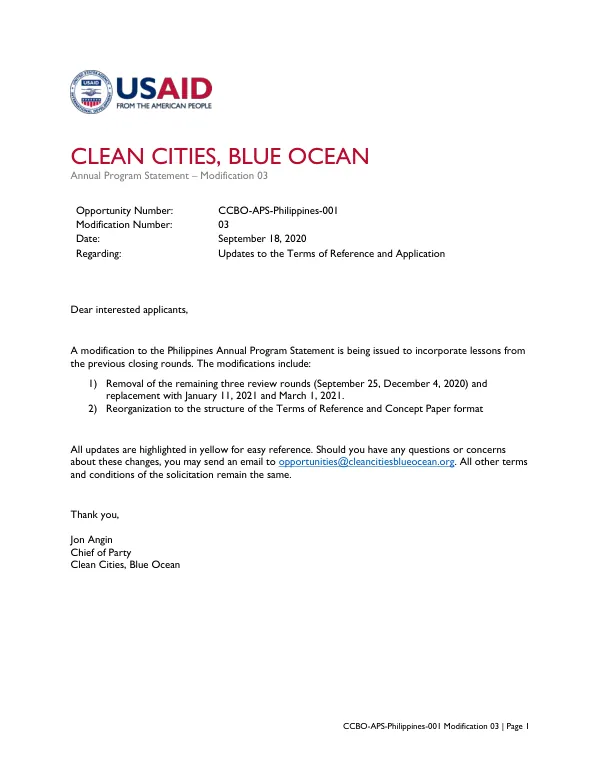 Clean Cities, Blue Ocean (CCBO) Program: Philippines Annual Program Statement (APS) - Modification 03