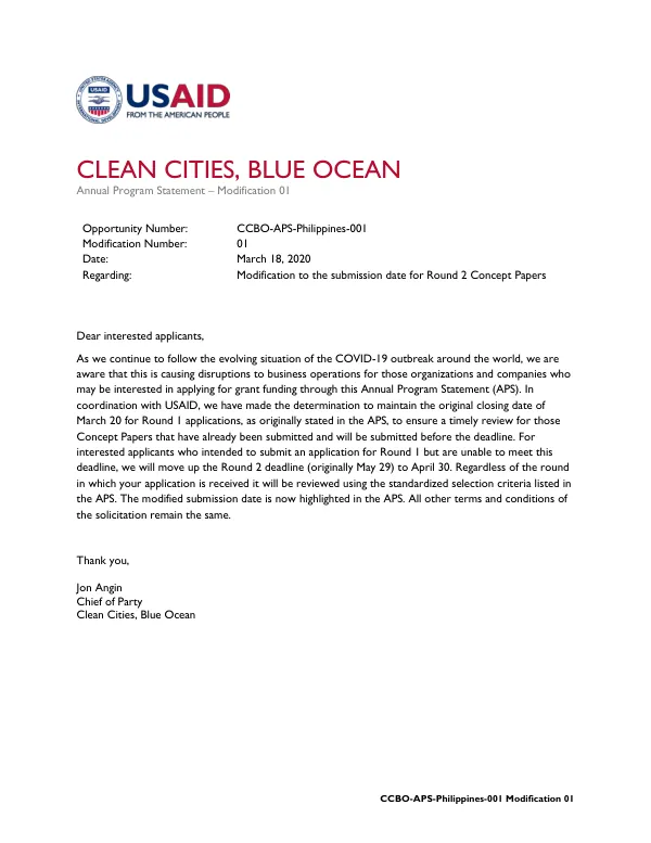 Clean Cities, Blue Ocean (CCBO) Program: Annual Program Statement (APS) for the Philippines