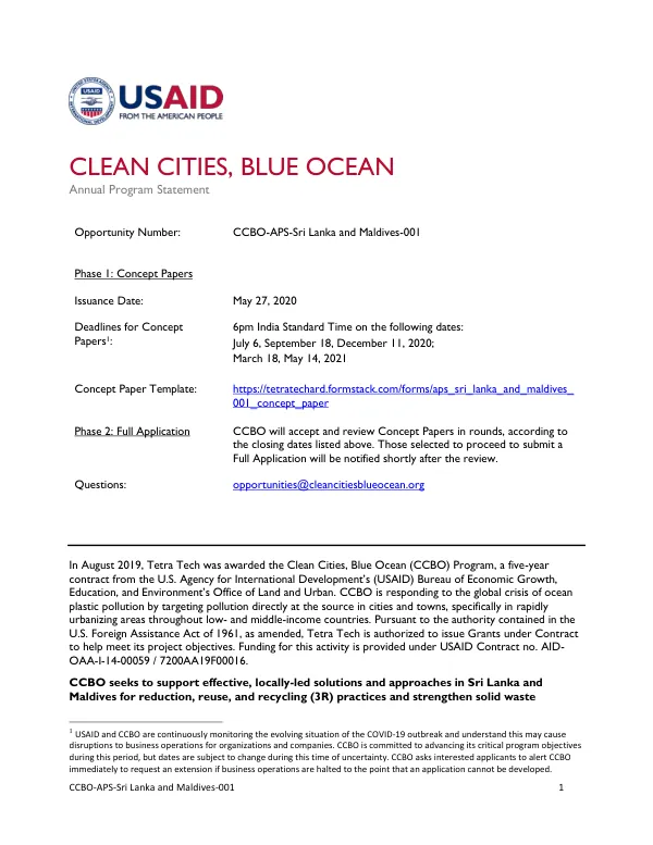 Clean Cities, Blue Ocean (CCBO) Annual Program Statement: Sri Lanka and Maldives