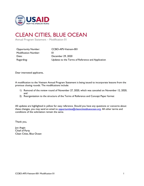 Clean Cities, Blue Ocean (CCBO) Program in Vietnam: Annual Program Statement