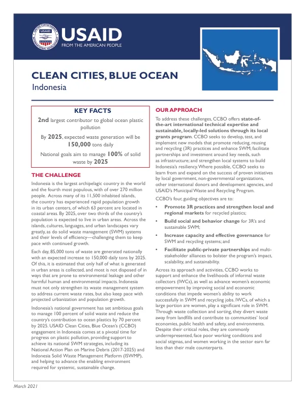 USAID Clean Cities, Blue Ocean: Indonesia Factsheet on Waste Management and Ocean Plastic Pollution
