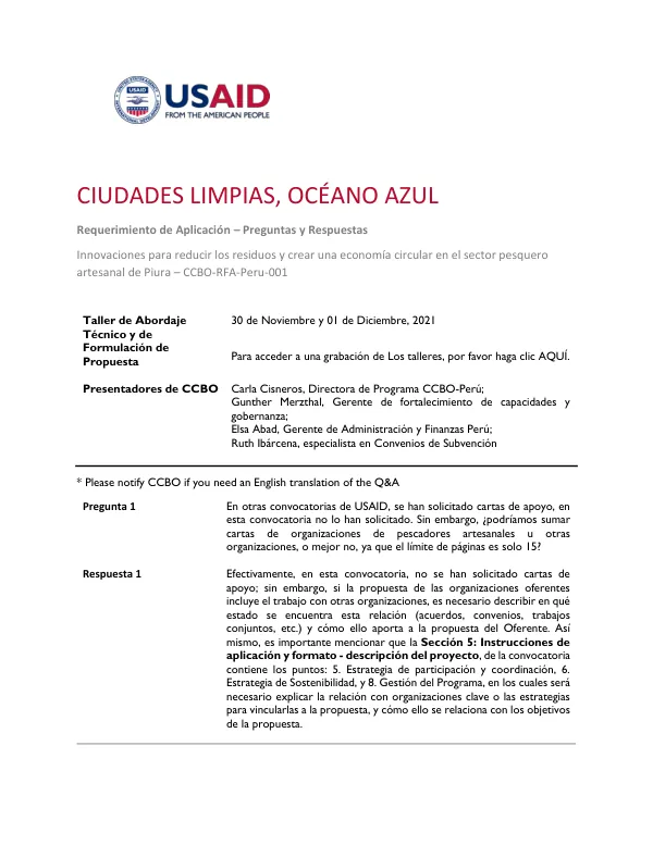 CCBO Q&A Session: Innovations for Reducing Waste and Promoting Circular Economy in Piura’s Artisanal Fisheries
