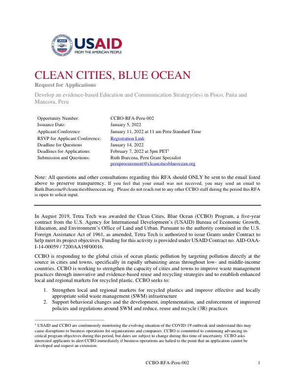 CCBO RFA 002: Education and Communication Strategy for Solid Waste Management in Peru