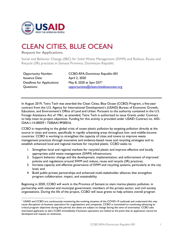 CCBO RFA: SBC Research for Waste Management in Dominican Republic