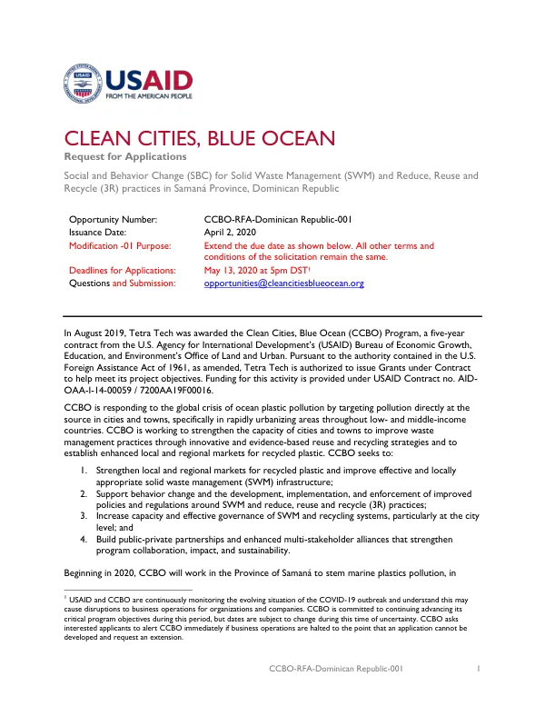 Clean Cities, Blue Ocean (CCBO) Grant Program RFA: Dominican Republic