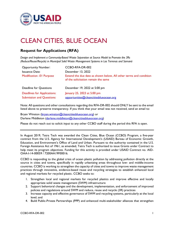 USAID Clean Cities, Blue Ocean (CCBO) Grant Program RFA: Waste Management in Dominican Republic