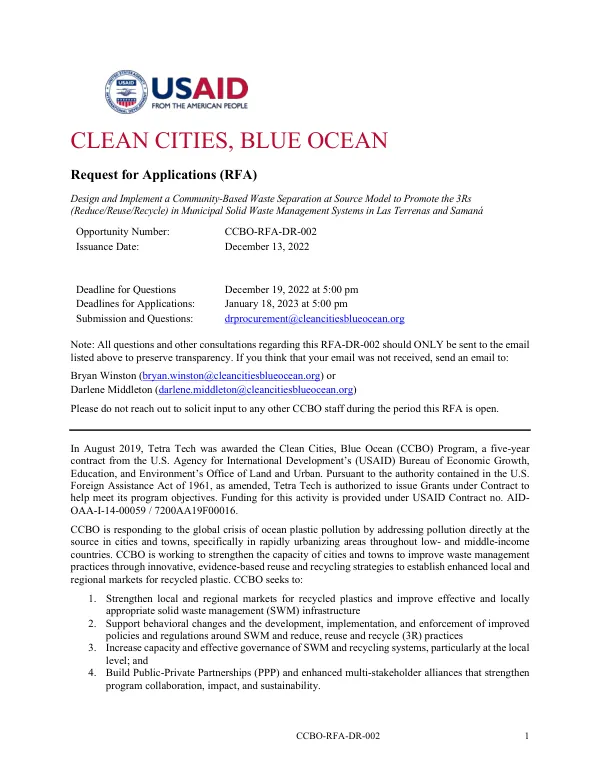Clean Cities, Blue Ocean (CCBO) Grant Program RFA: Waste Management in Dominican Republic