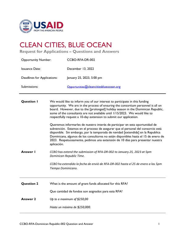 CCBO-RFA-DR002 Funding Opportunity: Q&A (English & Spanish)