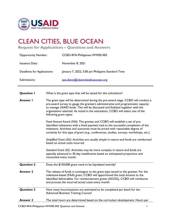 CCBO RFA Philippines WWEE-002 Q&A Document