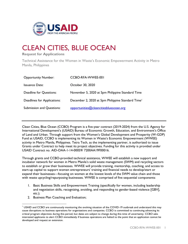Clean Cities, Blue Ocean (CCBO) Women in Waste Economic Empowerment (WWEE) Request for Applications (RFA)